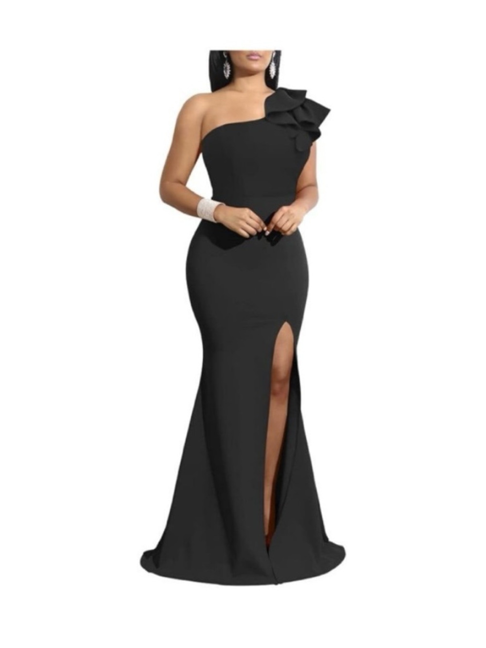 Amazon Black One-Shoulder Evening Gown with Ruffle and Thigh Slit